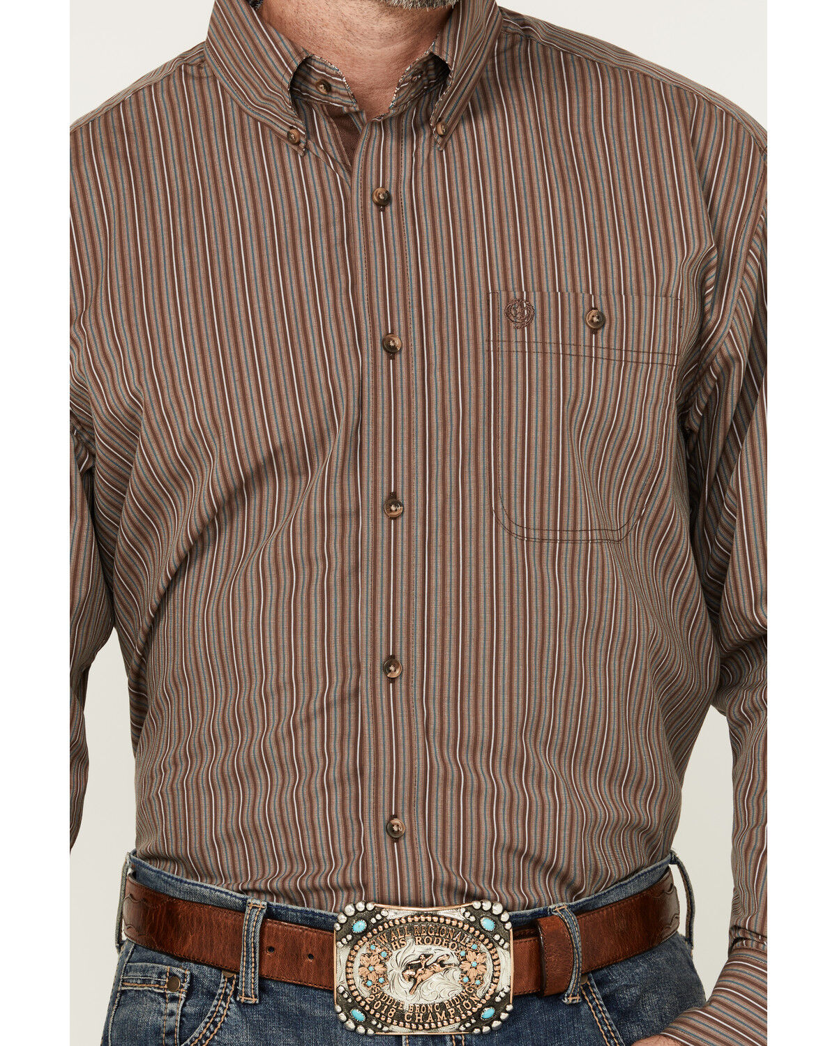 Image #3 - George Strait by Wrangler Men's Striped Print Long Sleeve Button-Down Stretch Western Shirt, Dark Brown, hi-res
