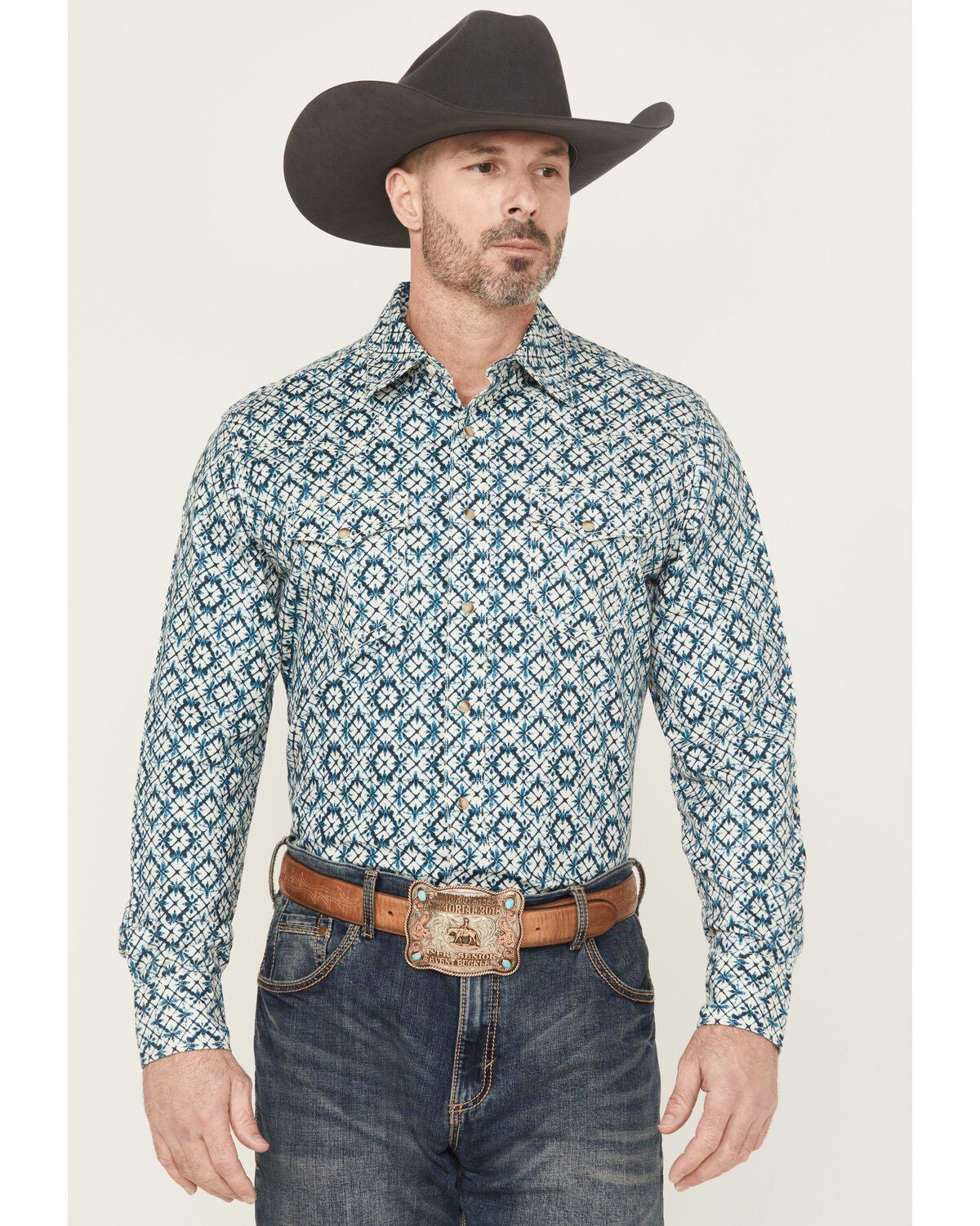 Wrangler Retro Men's Medallion Long Sleeve Snap Western Shirt, Cream, hi-res