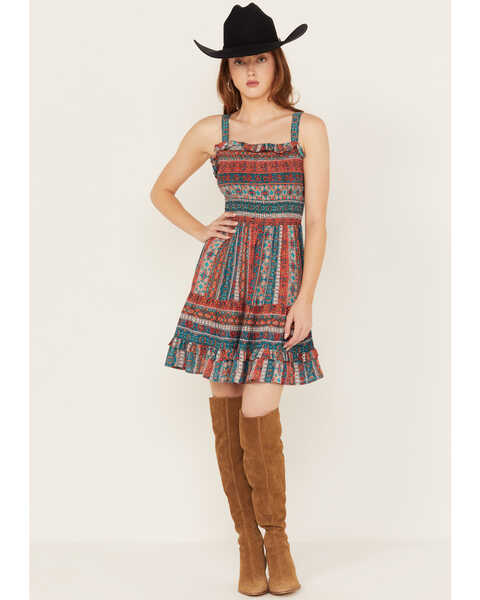 Image #1 - Angie Women's Multi Border Print Tier Dress, Multi, hi-res