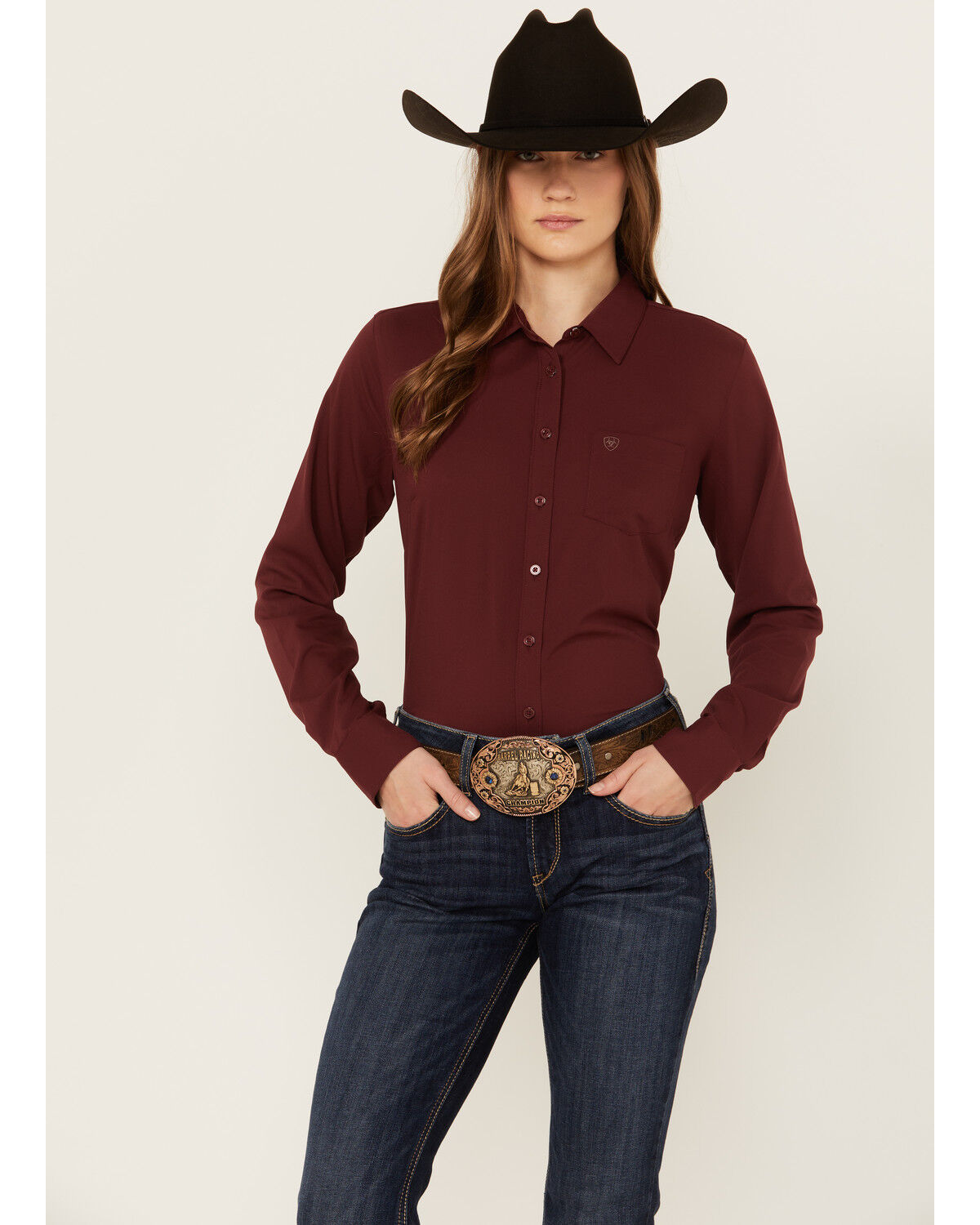 Image #1 - Ariat Women's Solid Long Sleeve Button-Down Performance Western Shirt, Maroon, hi-res