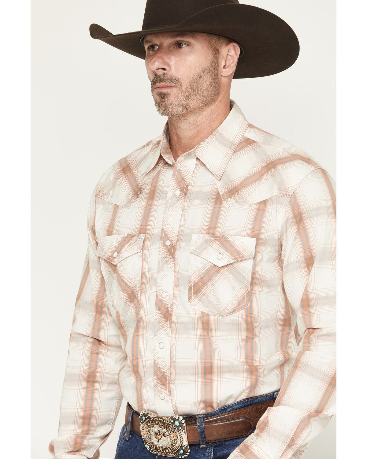 Image #2 - Wrangler 20X Men's Plaid Print Long Sleeve Snap Stretch Western Shirt, Cream, hi-res