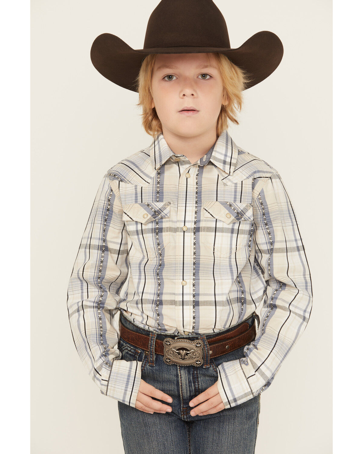 Image #1 - Cody James Boys' Wind Plaid Print Long Sleeve Snap Western Shirt, Cream, hi-res