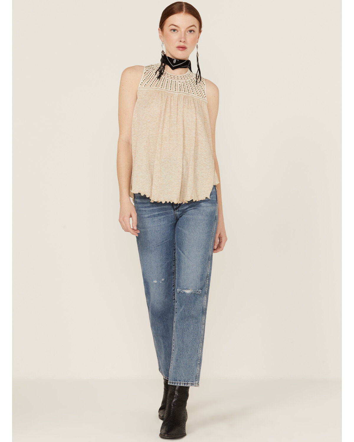 Image #4 - Wild Moss Women's Crochet Studded Yoke Flowy Tank Top, Cream, hi-res