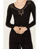 Shyanne Women's Long Sleeve Cutwork Front Tie Top, Black, hi-res