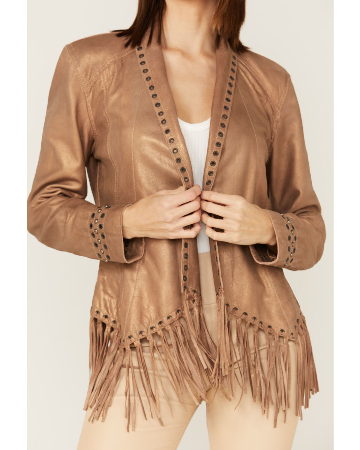 Image #3 - Sidran Women's Pearlized Grommet Trim Fringe Blazer, Rust Copper, hi-res
