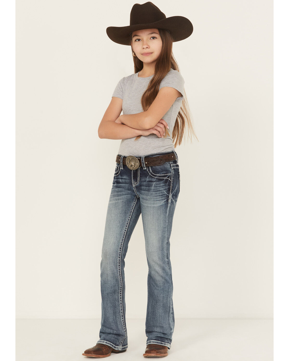 Image #3 - Grace in LA Girls' Medium Wash Geo Diamond Pocket Bootcut Stretch Denim Jeans, Medium Wash, hi-res