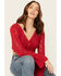 En Creme Women's Crochet Tie Front Long Sleeve Top, Red, hi-res