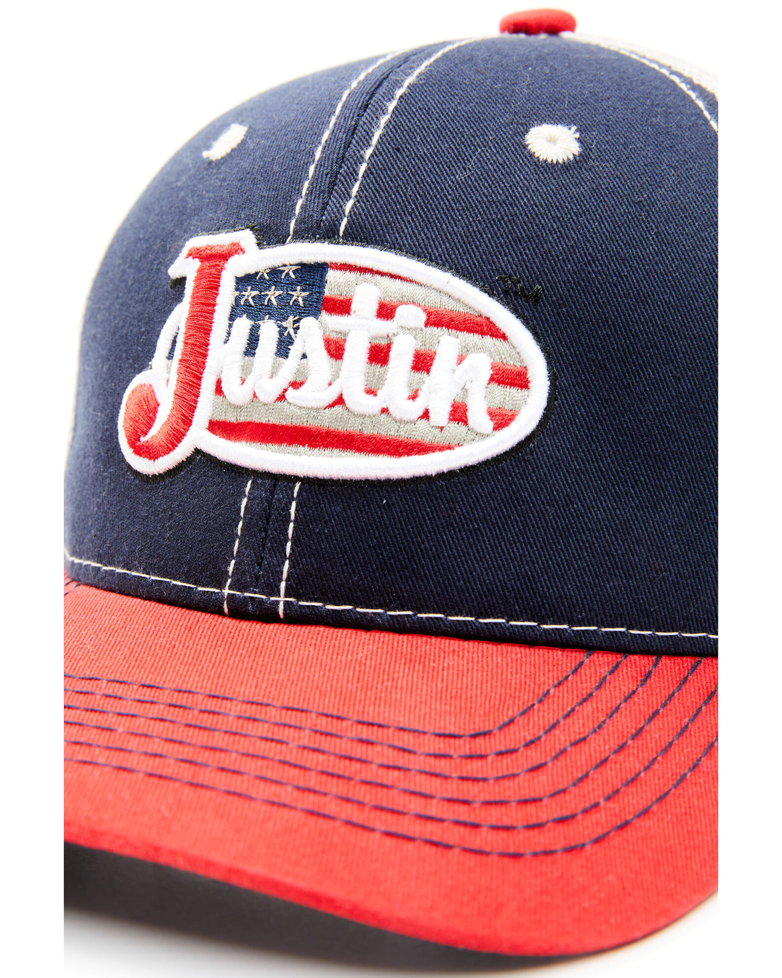 Image #2 - Justin Men's Navy Red & White Embroidered Flag Logo Mesh-Back Ball Cap, Navy, hi-res