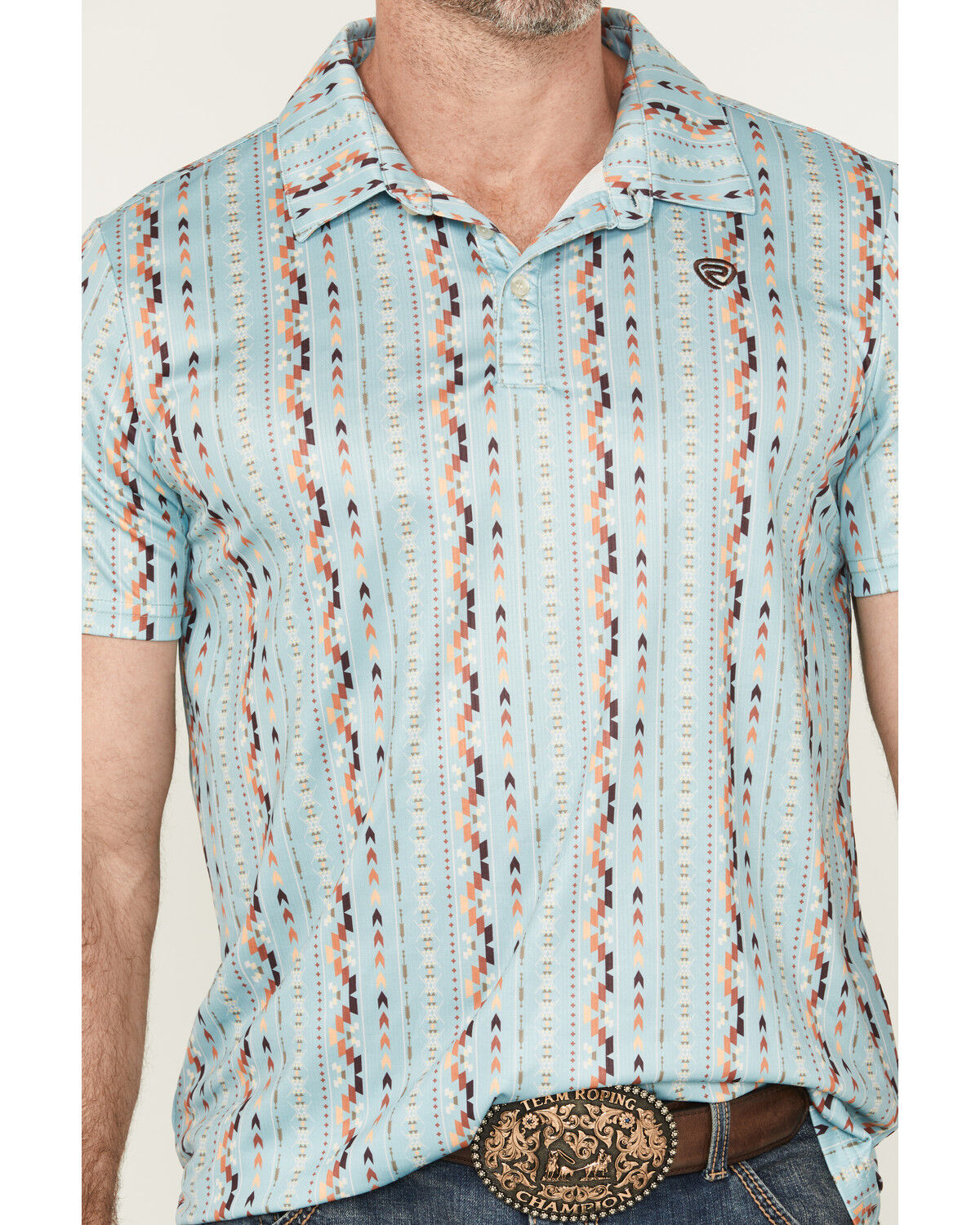 Image #3 - Rock & Roll Denim Men's Southwestern Striped Short Sleeve Stretch Polo, Blue, hi-res