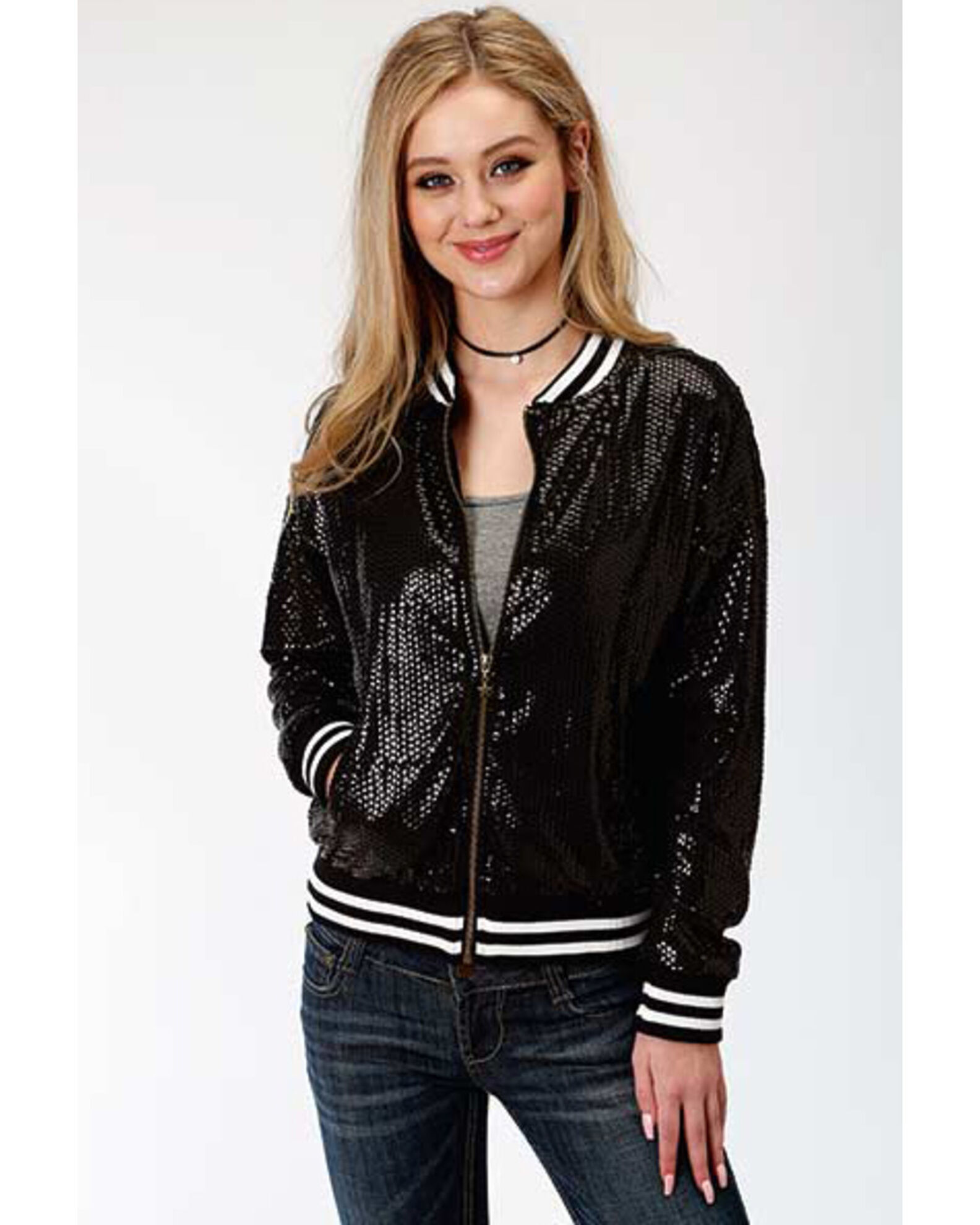 Product Name Roper Women s Black Sequin Bomber Jacket