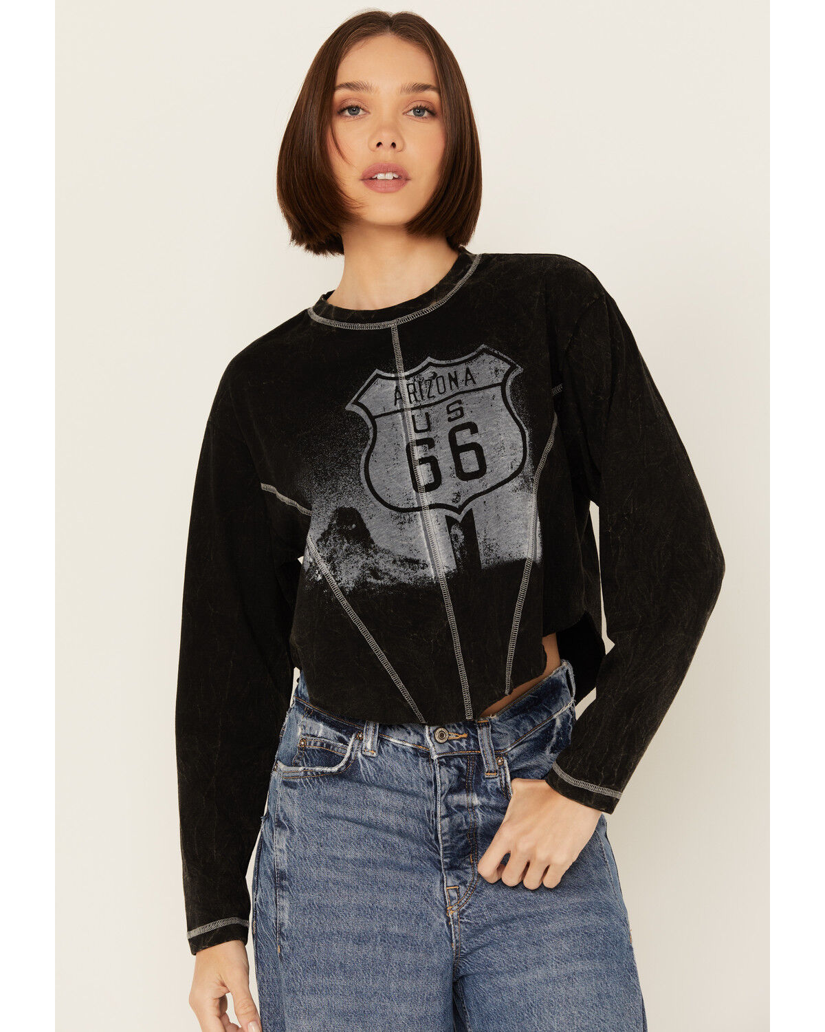 Image #1 - Youth In Revolt Women's Route 66 Seamed Long Sleeve Graphic Tee, Charcoal, hi-res
