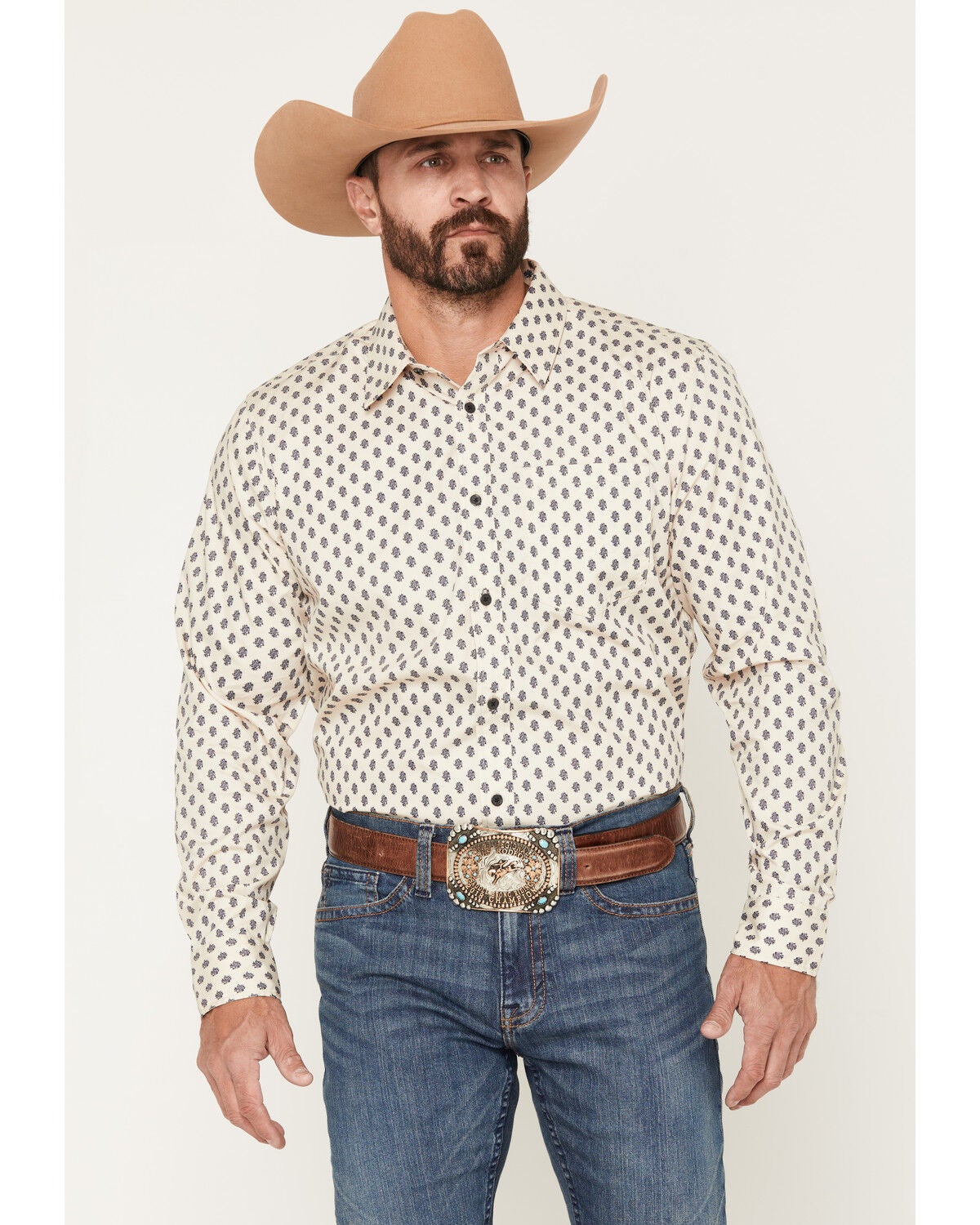 Image #1 - Gibson Trading Co Men's Old West Geo Print Long Sleeve Button-Down Western Shirt, Tan, hi-res