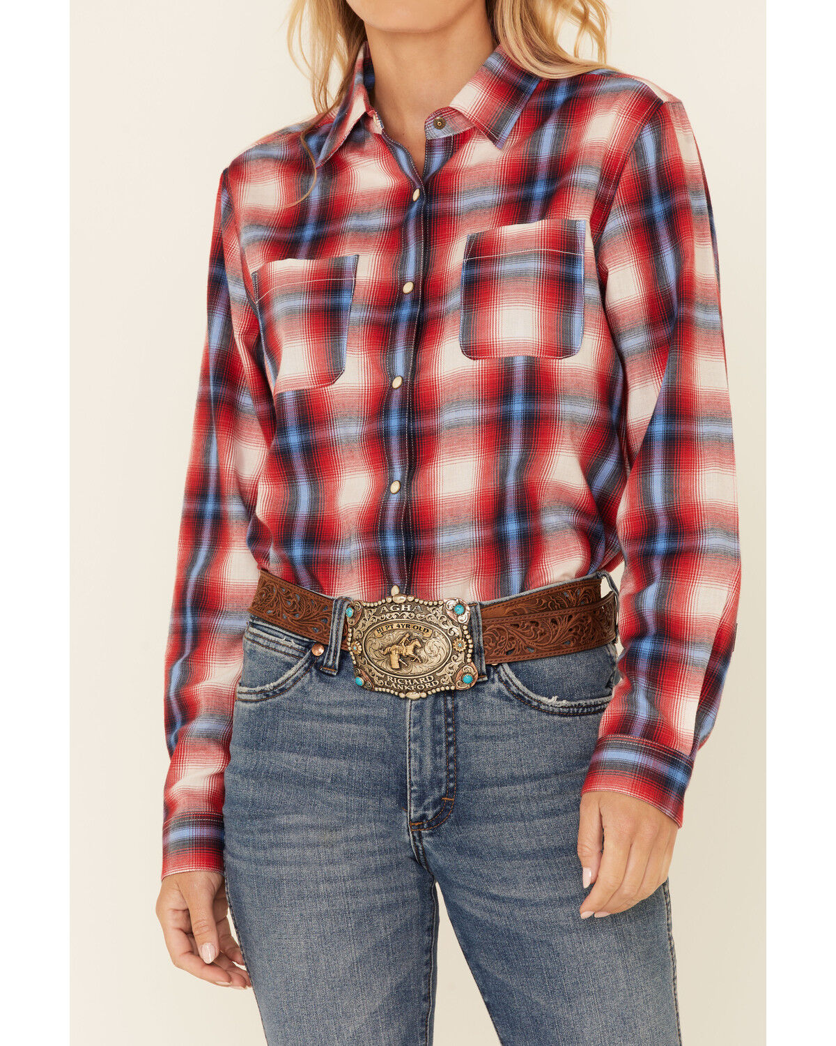 Image #3 - Rock & Roll Denim Women's Plaid Print Long Sleeve Snap Western Boyfriend Shirt, , hi-res