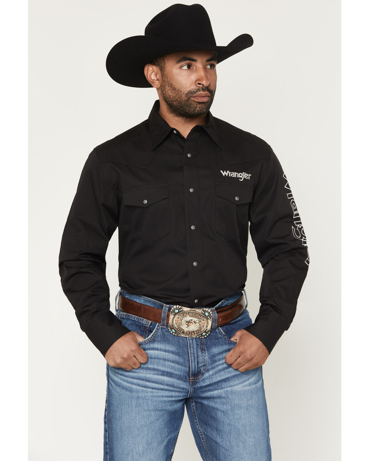 Image #3 - Wrangler Men's Solid Logo Long Sleeve Snap Western Shirt, Black, hi-res