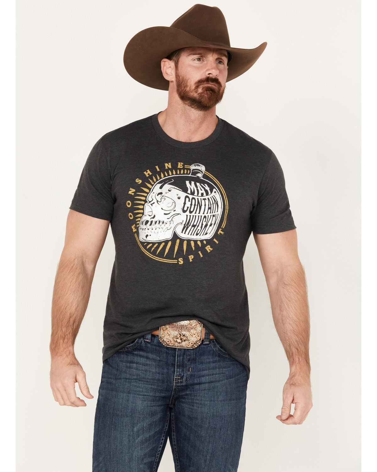 Moonshine Spirit&reg; Men's May Contain Whiskey Short Sleeve Graphic T-Shirt, Heather Blue, hi-res