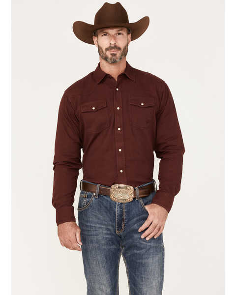 Image #1 - Ariat Men's Jurlington Retro Fit Solid Long Sleeve Pearl Snap Western Shirt, Chocolate, hi-res