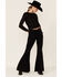 Shyanne Women's Mid Rise Super Flare Frayed Hem Stretch Jeans, Black, hi-res