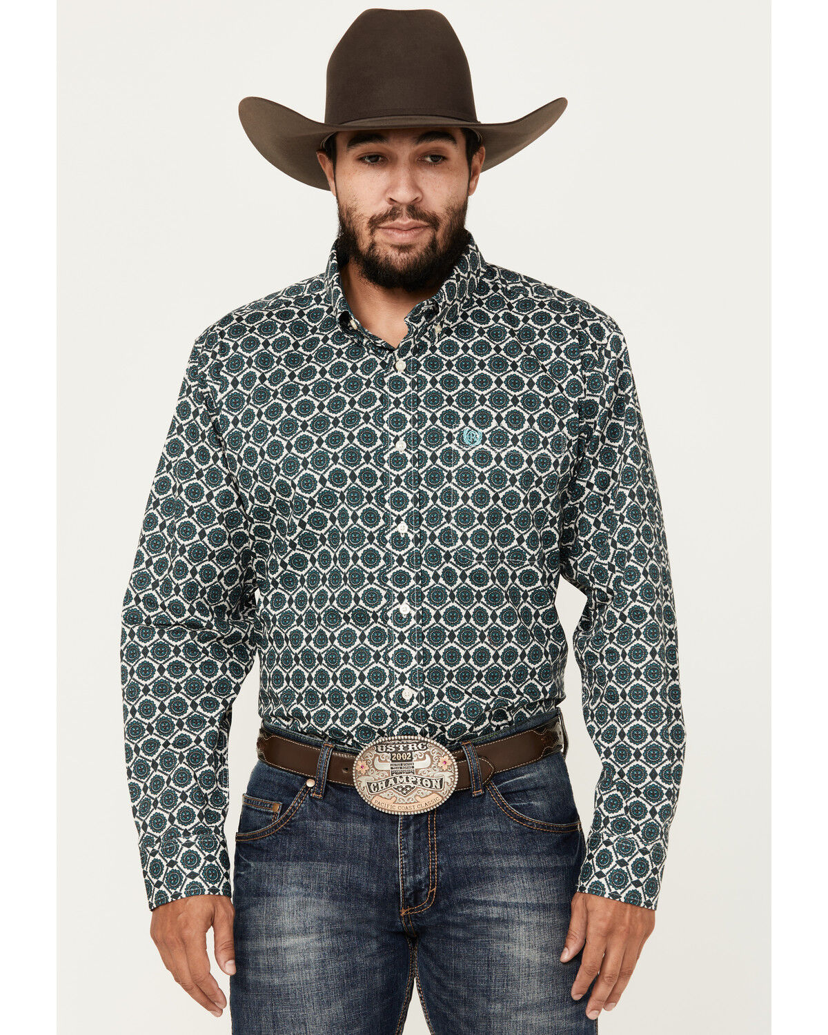 Image #1 - Panhandle Men's Select Medallion Long Sleeve Button-Down Western Shirt, Dark Green, hi-res