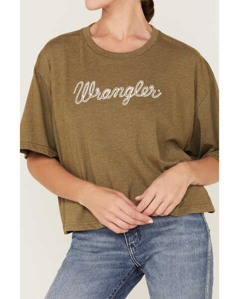 Wrangler Retro Women's Rope Logo Oversized Cropped Graphic Tee, Olive, hi-res