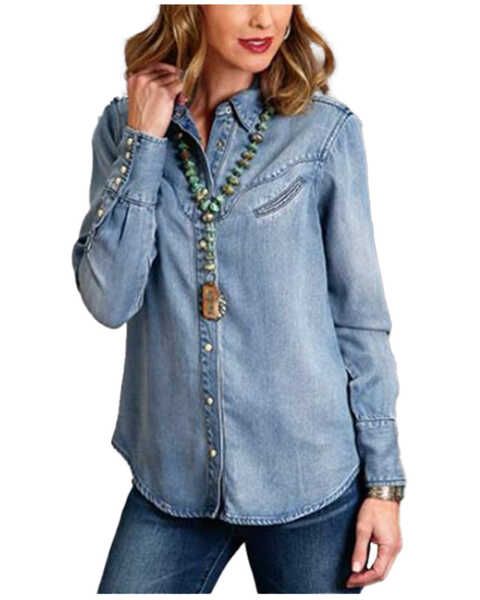 Image #1 - Stetson Women's Solid Denim Long Sleeve Snap Western Shirt , Blue, hi-res