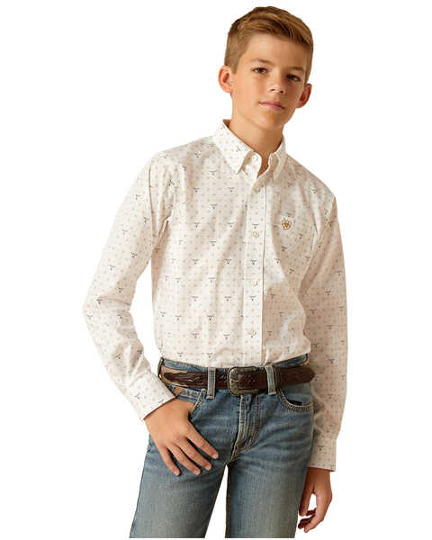 Image #1 - Ariat Boys' Steer Print Long Sleeve Button-Down Western Shirt , White, hi-res