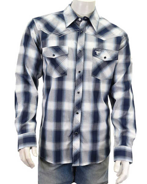 Cowboy Hardware Men's Hombre Plaid Print Long Sleeve Snap Western Shirt, Navy, hi-res