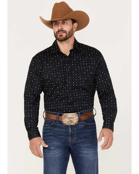 Image #1 - Rough Stock by Panhandle Men's Music Note Geo Print Long Sleeve Stretch Western Shirt, Black, hi-res