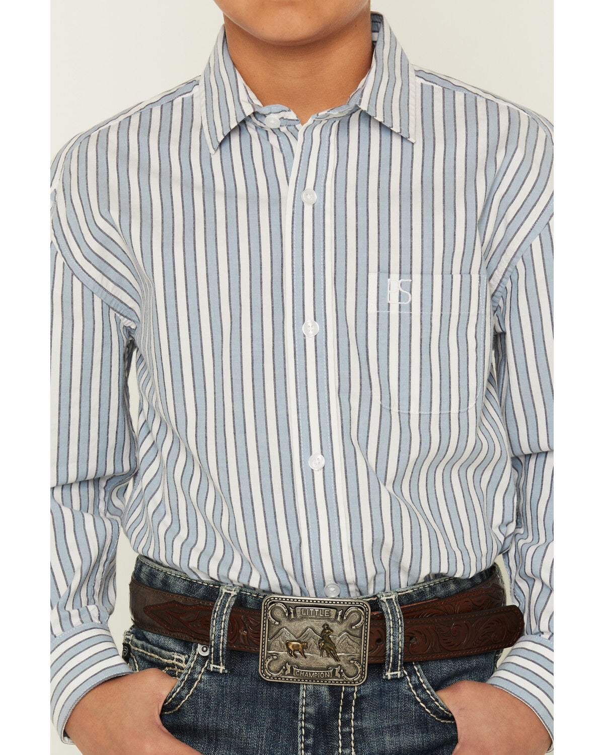 Image #3 - Panhandle Slim Boys' Striped Long Sleeve Button-Down Western Shirt, Blue, hi-res