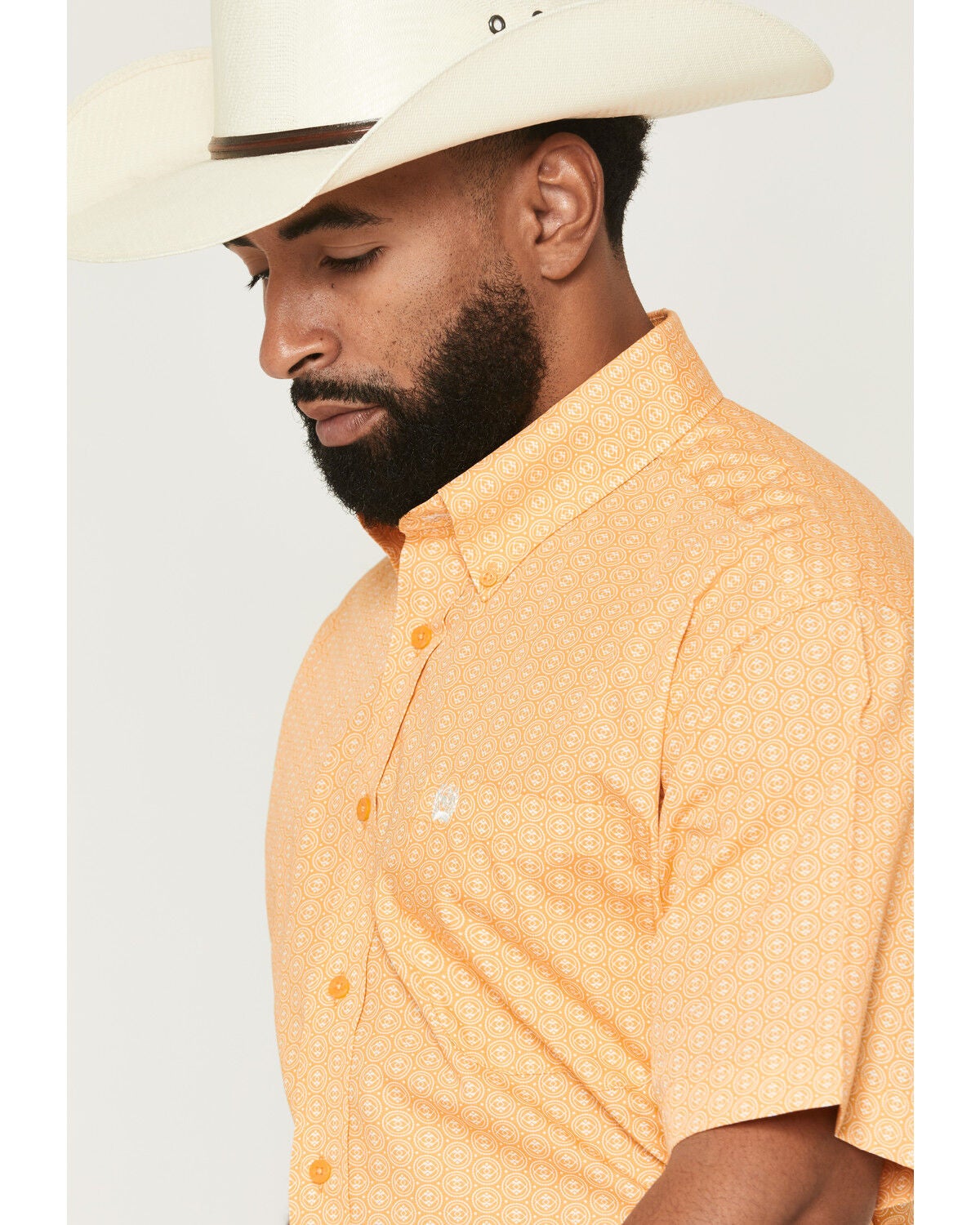 Image #2 - Cinch Men's Boot Barn Exclusive Geo Print Short Sleeve Button-Down Western Shirt, Gold, hi-res