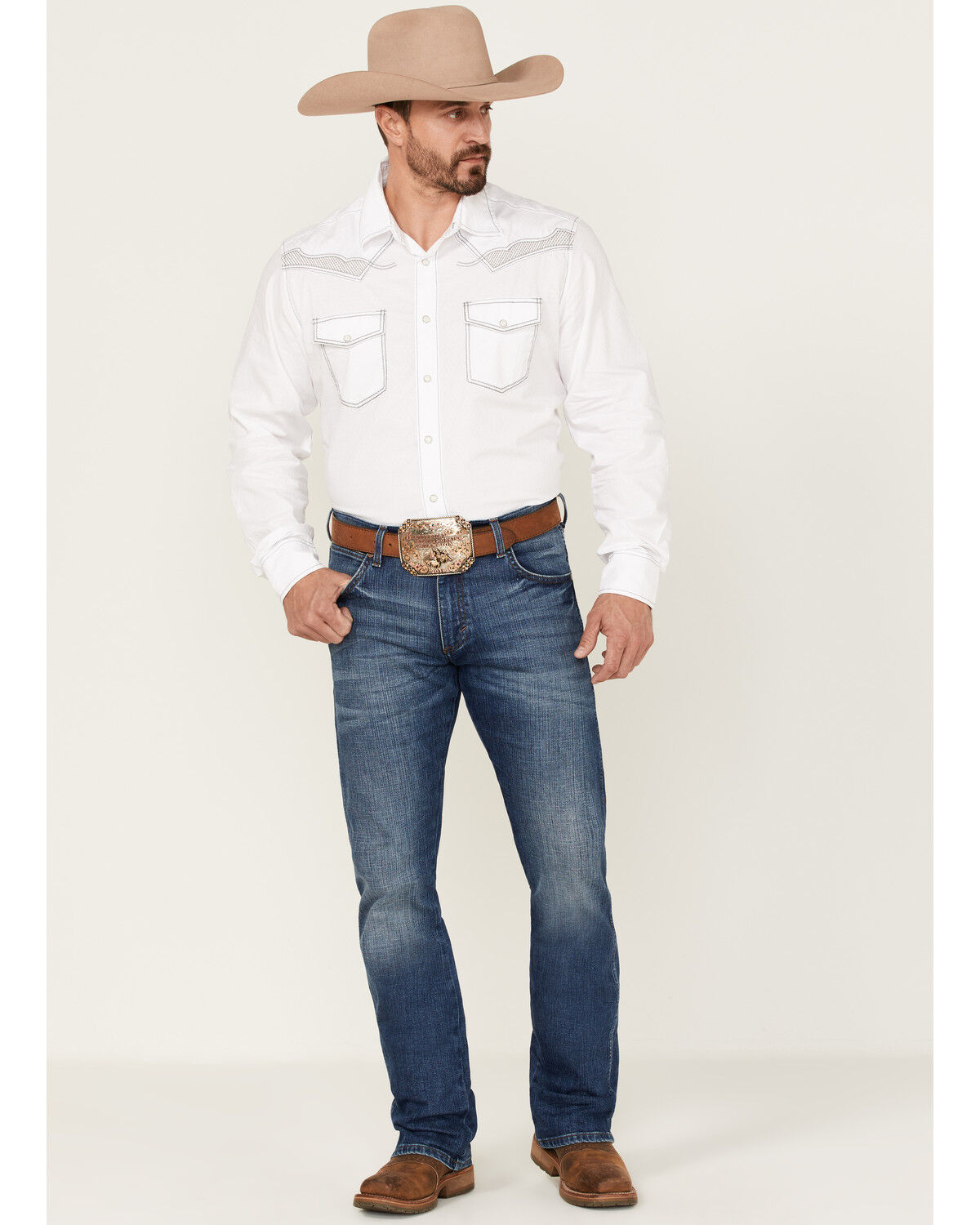 Image #2 - Rock 47 By Wrangler Men's Embroidered Long Sleeve Snap Western Shirt - Tall, White, hi-res
