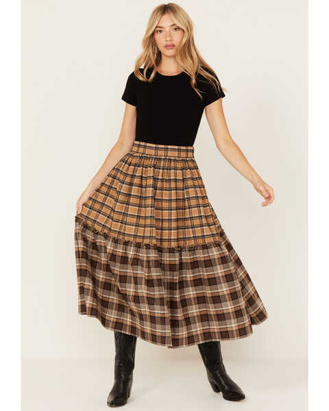 Image #2 - Miss Me Women's Plaid Print Tiered Midi Skirt , Brown, hi-res