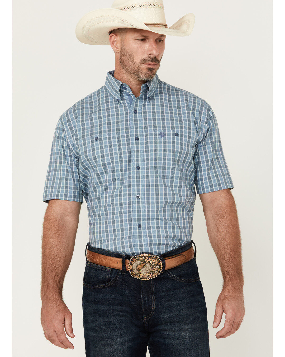 Image #1 - George Strait by Wrangler Men's Plaid Print Short Sleeve Button-Down Western Shirt, Blue, hi-res