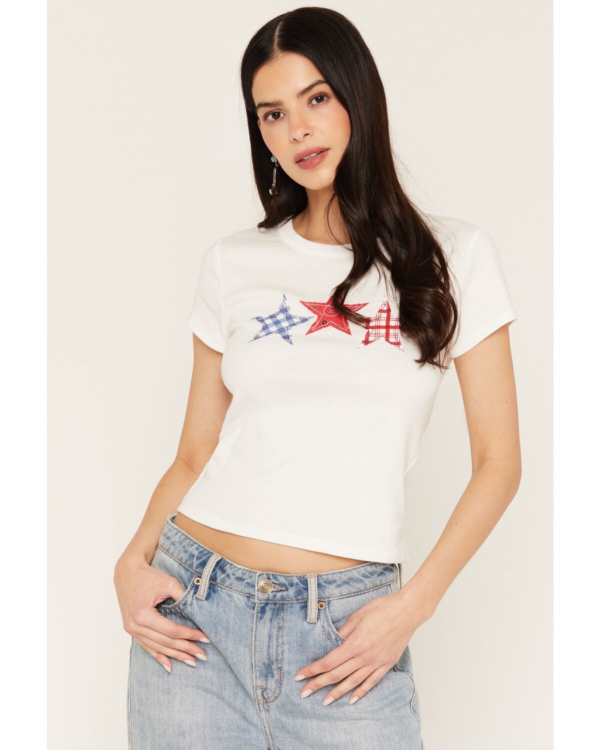 Image #1 - Originality Women's Star Patch Baby Tee, White, hi-res