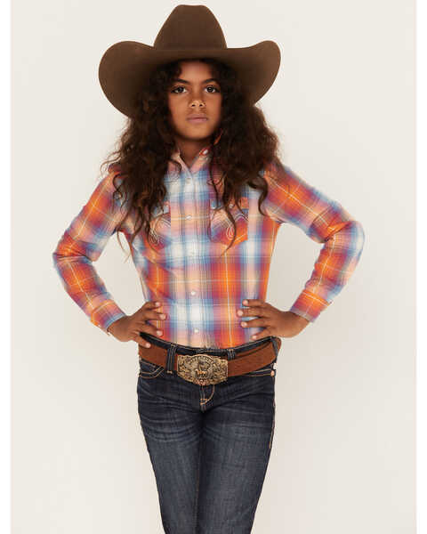 Image #1 - Panhandle Girls' Plaid Print Long Sleeve Western Pearl Snap Shirt, Red, hi-res