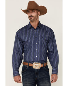 Panhandle Select Men's Navy Poplin Print Long Sleeve Snap Western Shirt  , Navy, hi-res