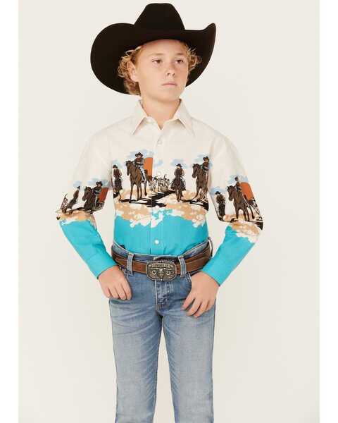 Panhandle Boys' Running Horse Border Print Long Sleeve Pearl Snap Western Shirt , White, hi-res
