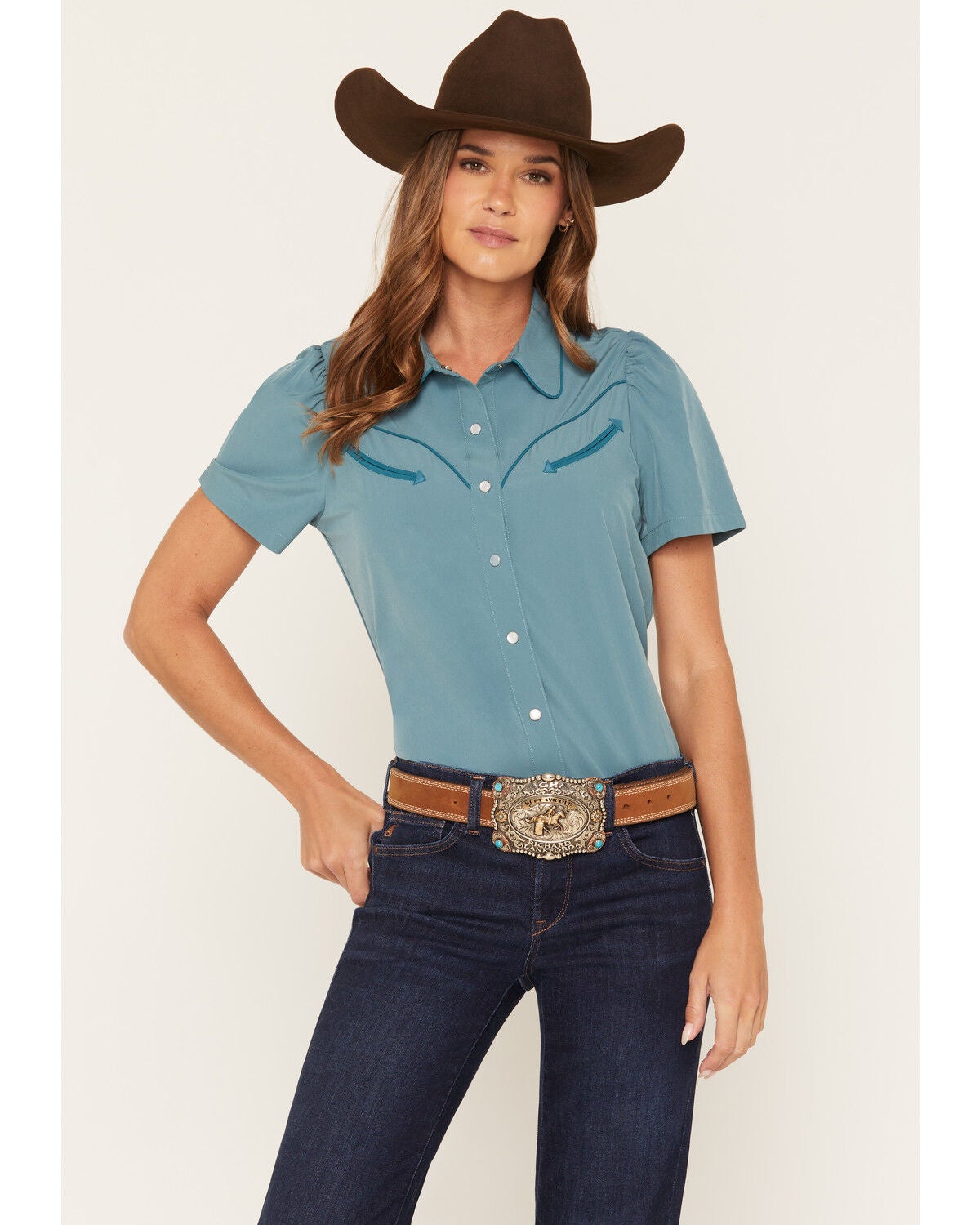 Howdy Hanny Women's Reef Waters Solid Short Sleeve Pearl Snap Performance Stretch Western Shirt, Ocean Blue, hi-res