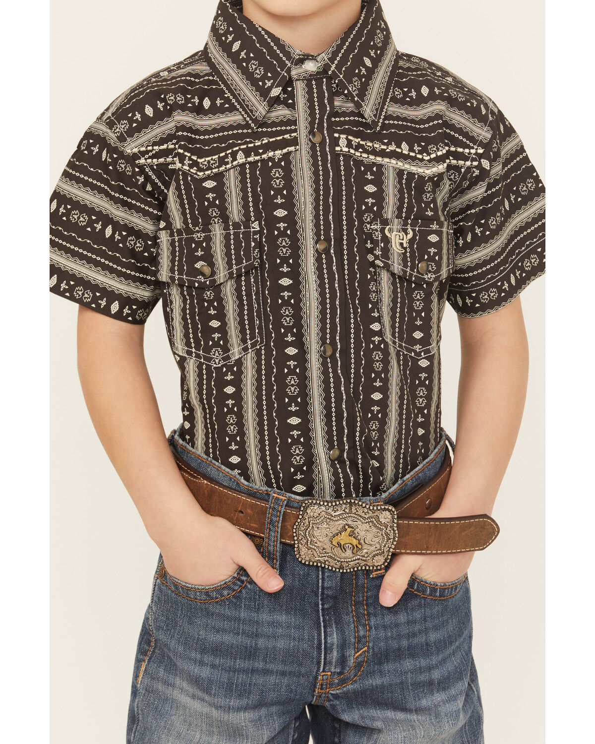 Image #3 - Cowboy Hardware Boys' Stripe Southwestern Print Short Sleeve Snap Stretch Western Shirt, Chocolate, hi-res