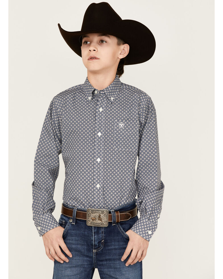 Ariat Boys' Bo Geo Print Long Sleeve Button-Down Western Shirt , Blue, hi-res