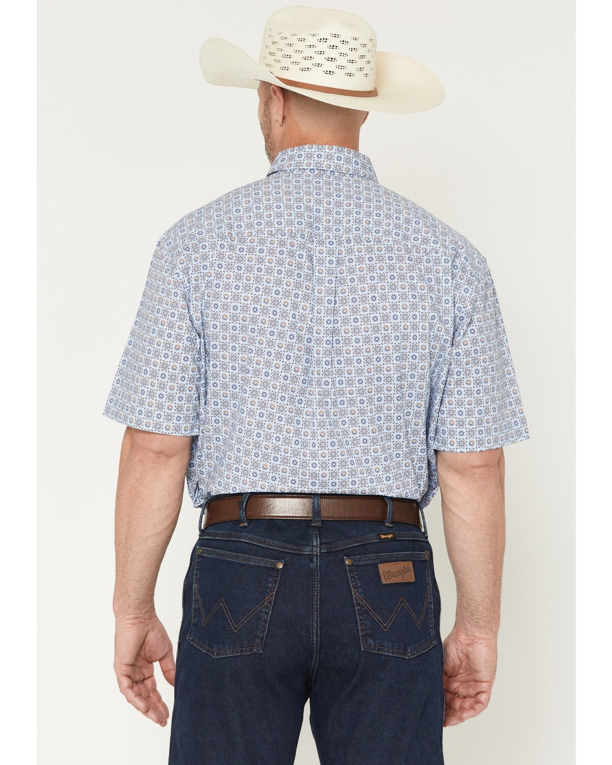 Image #4 - George Strait by Wrangler Men's Geo Print Short Sleeve Button-Down Stretch Western Shirt, Blue, hi-res