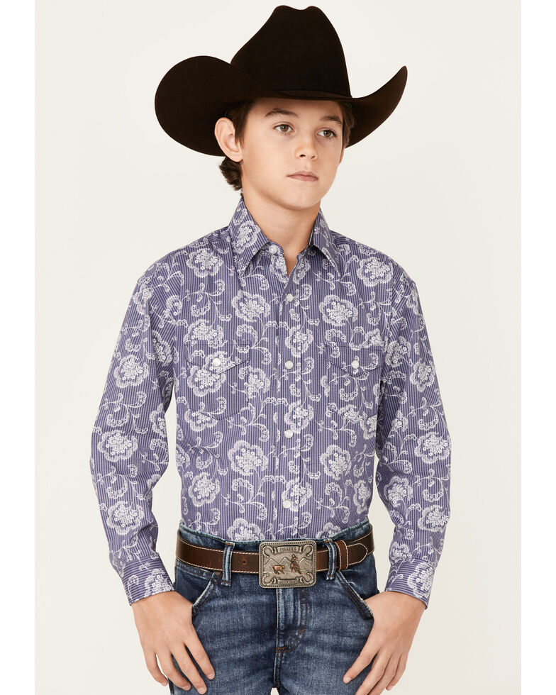 Panhandle Select Boys' Navy Floral Print Long Sleeve Snap Western Shirt , Navy, hi-res