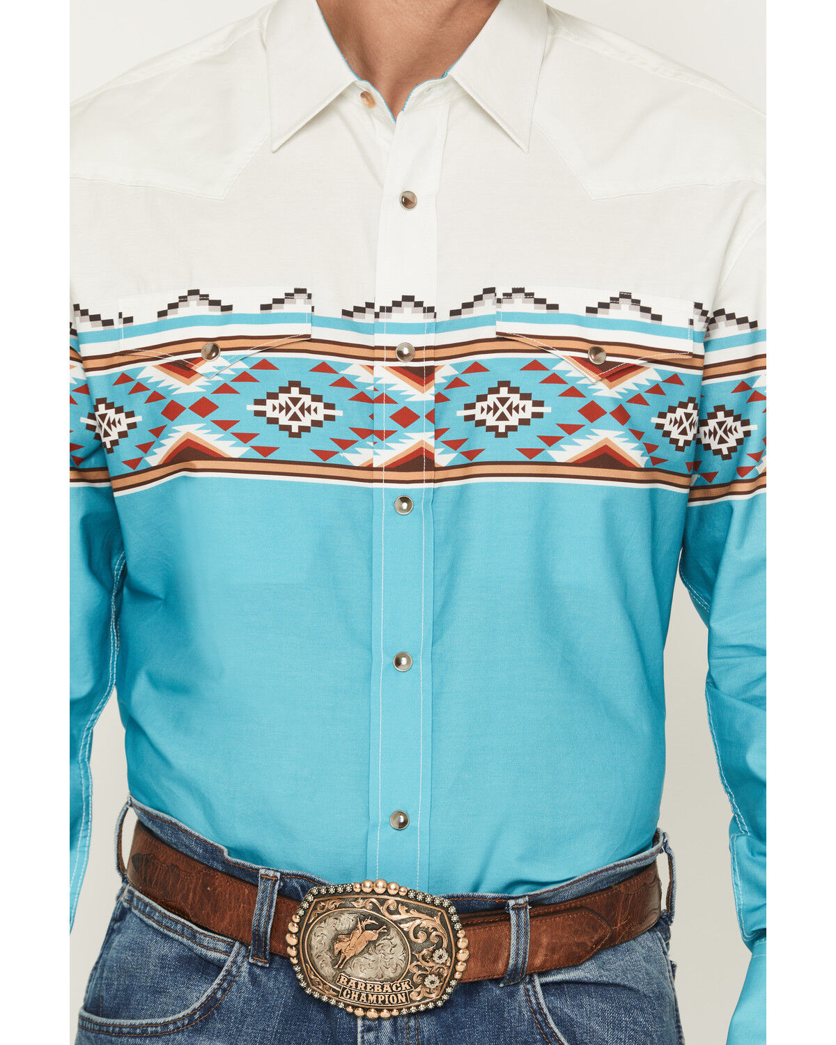 Image #3 - Rodeo Clothing Men's Southwestern Border Long Sleeve Snap Western Shirt, Teal, hi-res