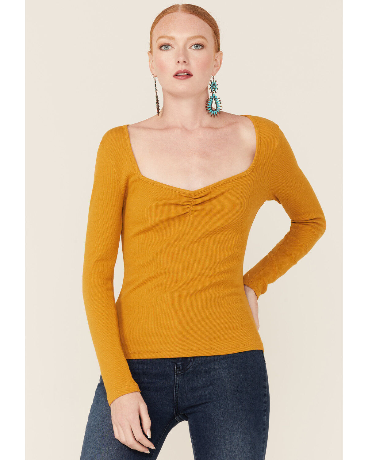 Image #1 - Panhandle Women's Cinch Front Ribbed Knit Long Sleeve Top, Gold, hi-res