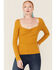 Image #1 - Panhandle Women's Cinch Front Ribbed Knit Long Sleeve Top, Gold, hi-res