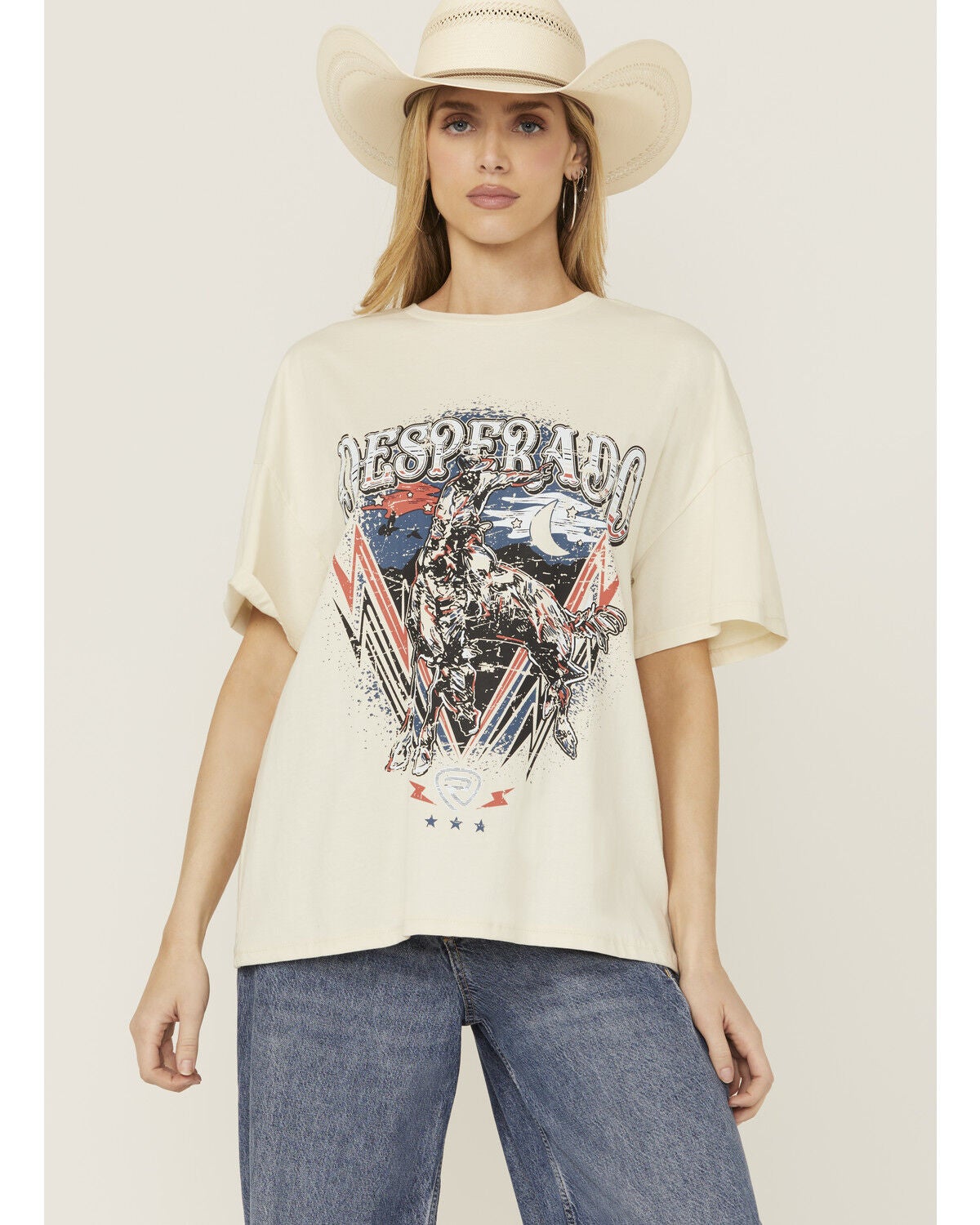 Image #1 - Rock & Roll Denim Women's Desperado Short Sleeve Graphic Tee, Cream, hi-res