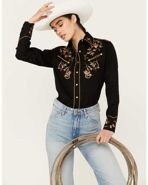 Image #1 - Rockmount Ranchwear Women's Floral Embroidered Long Sleeve Pearl Snap Western Shirt, Black, hi-res