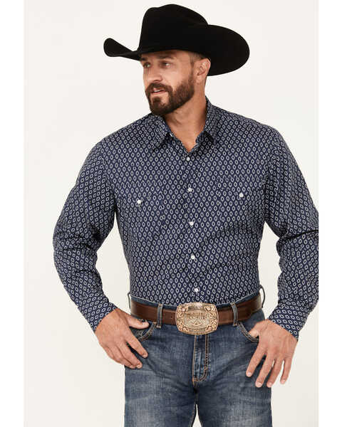 Image #1 - Roper Men's West Made Geo Print Long Sleeve Pearl Snap Western Shirt, Dark Blue, hi-res