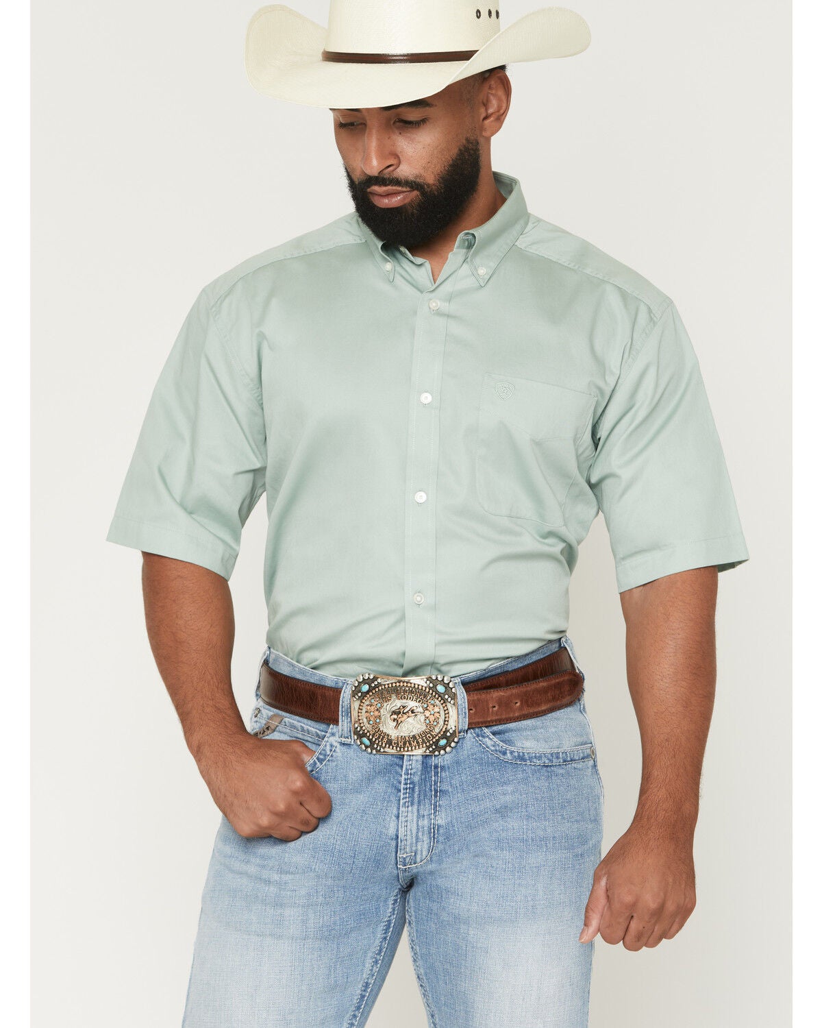 Ariat Men's Lightweight Twill Solid Short Sleeve Button-Down Western Shirt, Green, hi-res