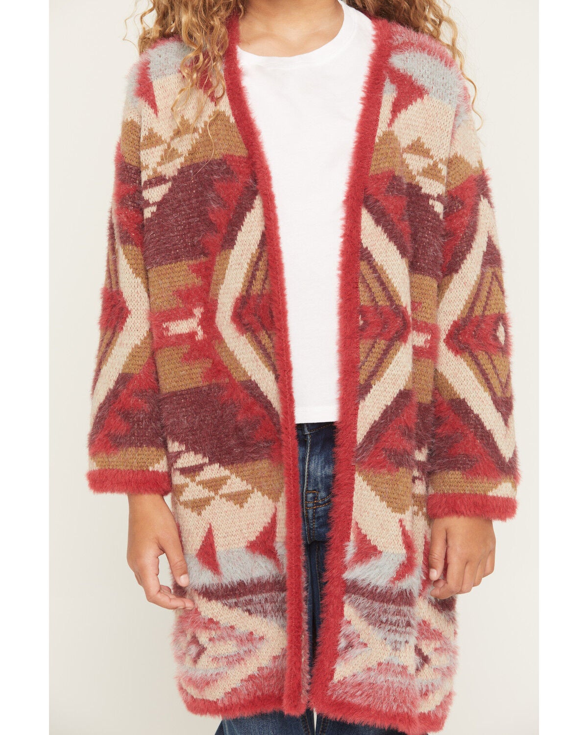 Image #3 - Shyanne Girls' Southwestern Print Eyelash Yarn Cardigan, Red, hi-res