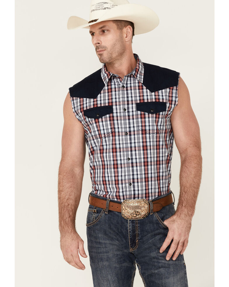 Cody James Men's Anthem Plaid Bubba Sleeveless Snap Western Shirt  , White, hi-res